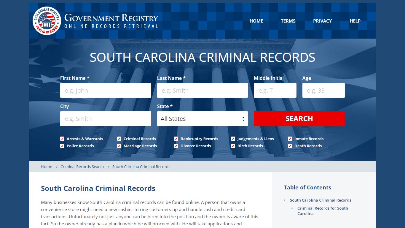 South Carolina Criminal Records | GovernmentRegistry.org